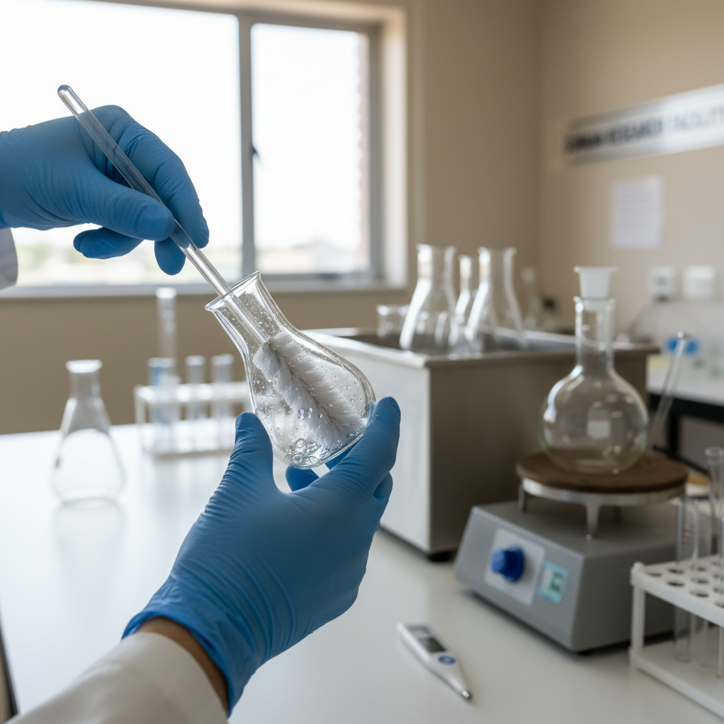 A close-up of a scientist illustrating how to maintain laboratory equipment by cleaning high-quality glassware.