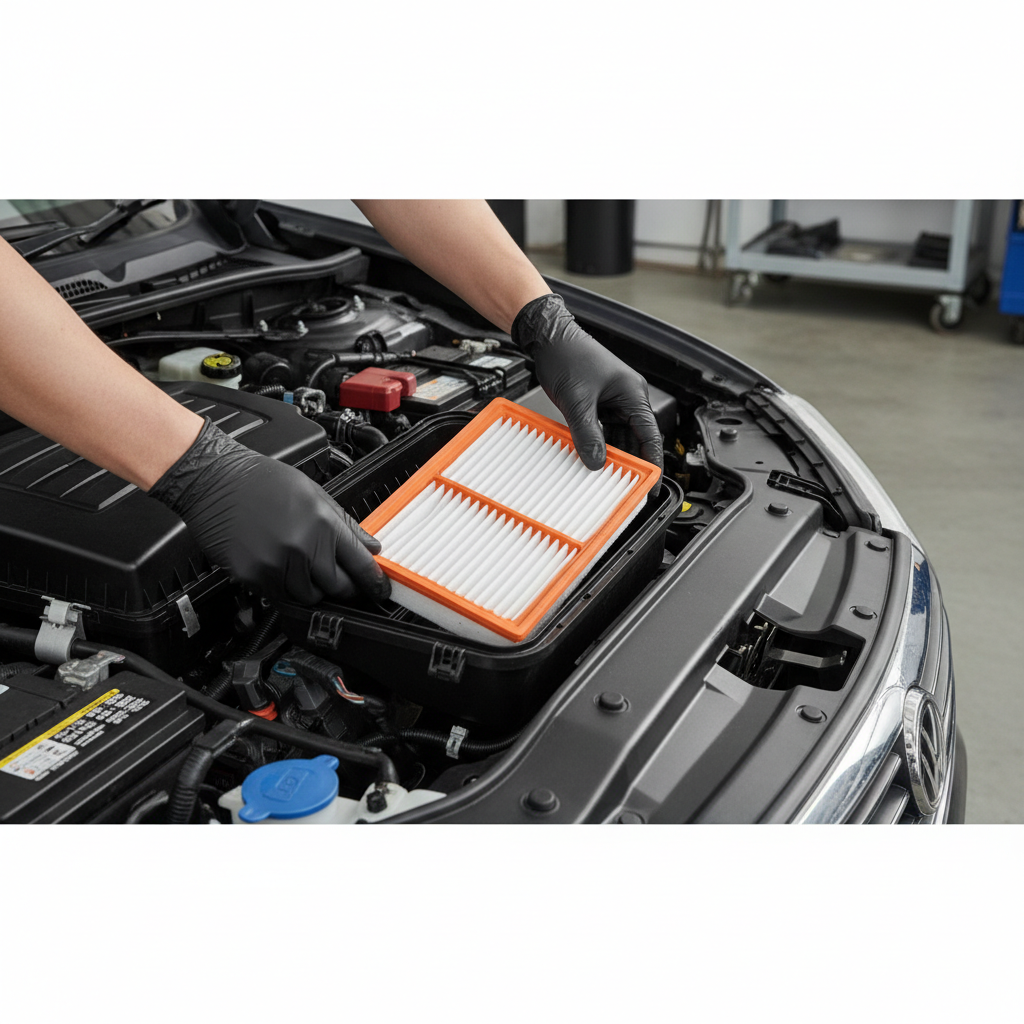 Technician replacing an air filter during a minor service in durban at a professional workshop.